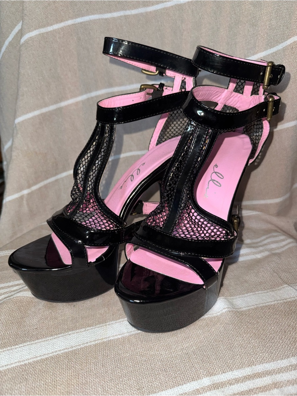 Ellie Black Patent Platform Sandals with Pink Insole